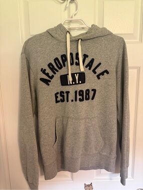 Aeropostale Light Gray Hooded Sweatshirt with Navy Logo